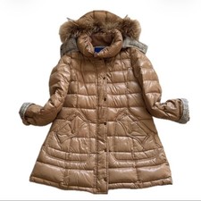 BURBERRY Blue Label Fur Hood Long Down Coat Jacket Women 40 Nova Plaid Brown