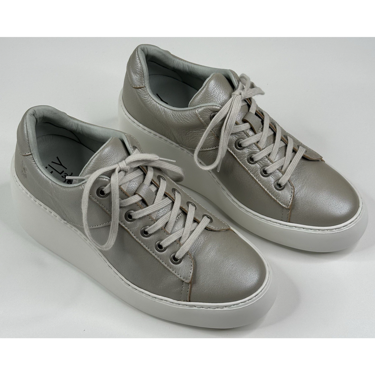 Fly London Delf Silver Gray Leather Platform Wedge Sneakers Womens