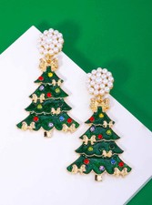 Enamel Resin Pearl Christmas Tree Drop Earrings 2.4in, Rhinestone