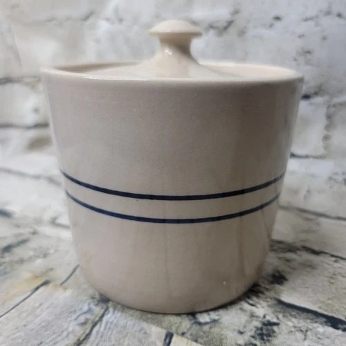 Martinez Pottery Marshall TX Lidded Bowl 4.5" Tall Blue Stripe Stoneware