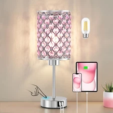 Crystal Table Lamp, Pink Touch Lamp with USB C+A Ports, 3 Way Dimmable Lamp w...