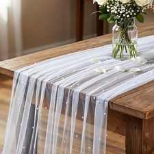 2 Pcs Pearl Table Runner, 10 Feet White Tulle Fabric Table Cloth 31 x 120 Inch