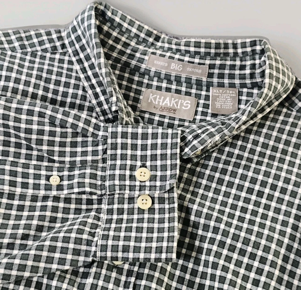 Camisa Oxford Masculina Antiga Khakis by Arrow Grande Extra Grande Alta Verde Micro-Verificação Botão para Baixo - Imagem 2 de 4