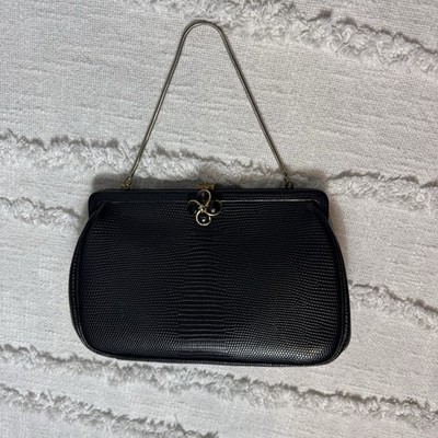 Vintage Small Cluth Bag Black Snakeskin Leather Pattern Detail Gold Hardware