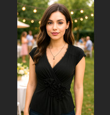 Cable & Gauge Rosette Floral V-Neck Blouse SMALL Black Cap Sleeve Stretch Career