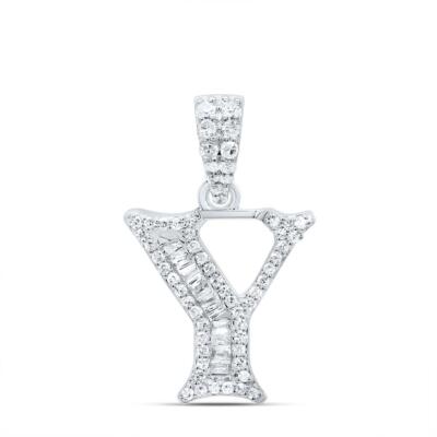 10K Weißgold Baguette Diamant alte englische Blockschrift Initiale Y Anhänger 1/4 ct