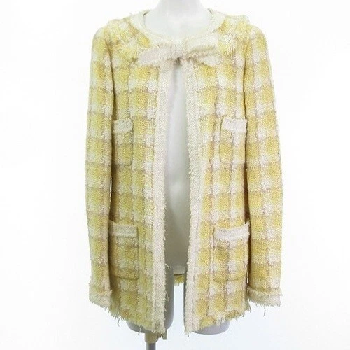 Giacca lunga CHANEL 04C tweed senza colletto nastro marchio cocco fodera seta giallo 36