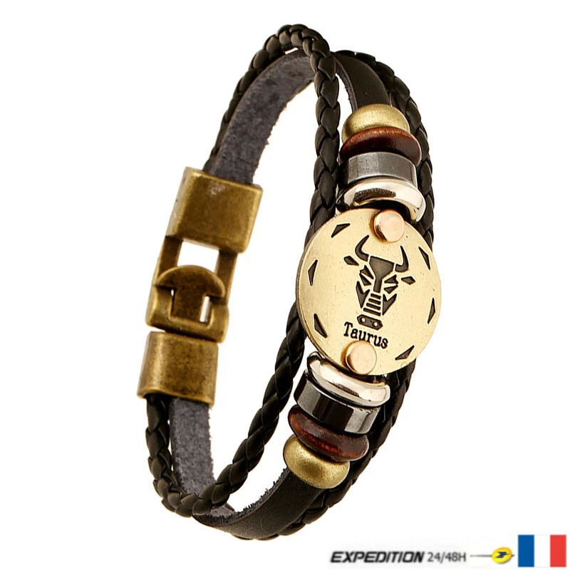 Bracelet Homme & Femme en Cuir Signe Taureau Corde Tressé Noir Fermoir Acier