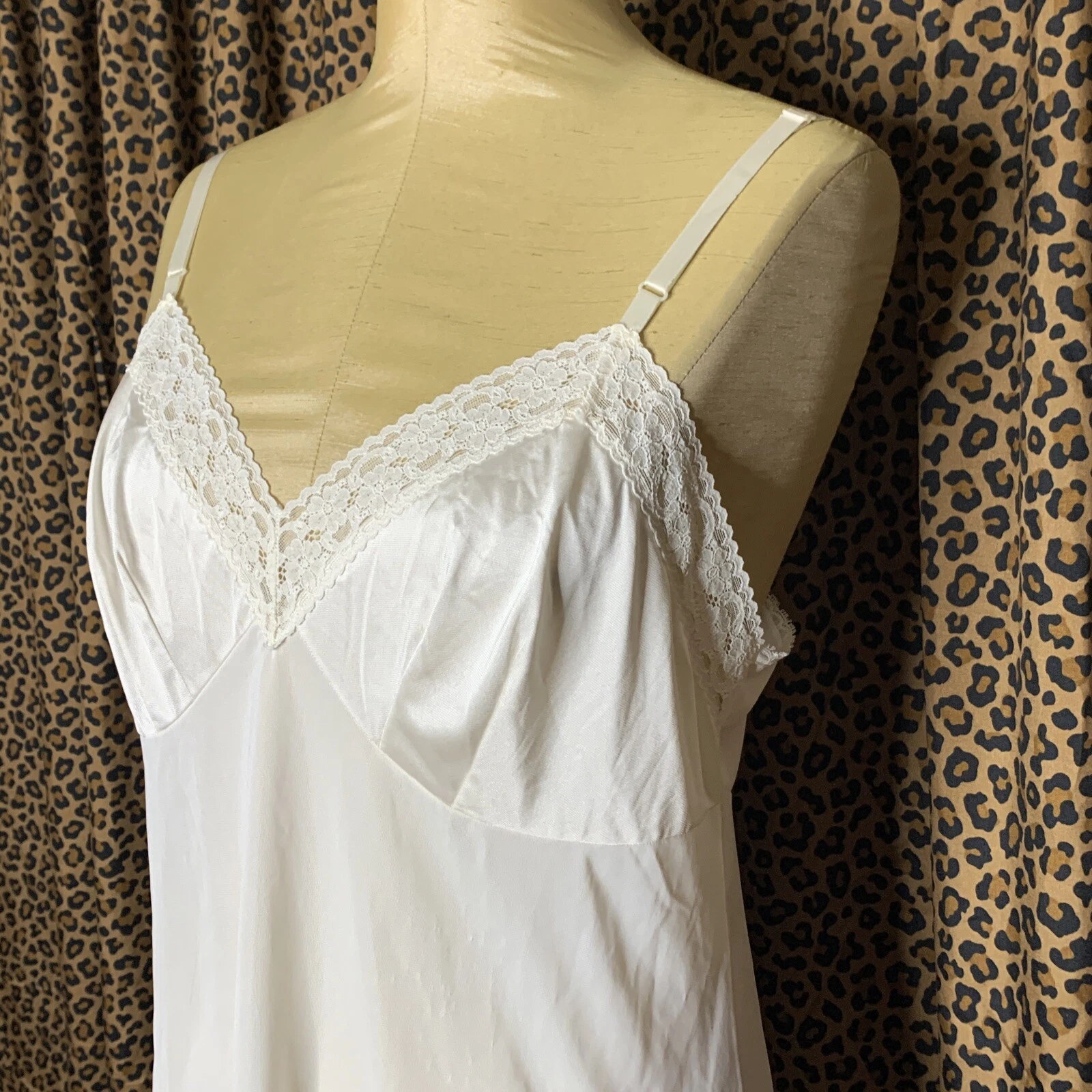 OFF WHITE Abito Slip Vintage Vanity Fair 36 Busto Semi Trasparente Bianco Nylon e Pizzo Medium