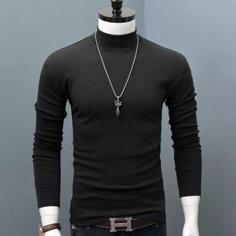 Men's Base T-shirt Long Sleeve Half High Neck Solid Color Slim-fit Big Size  Top