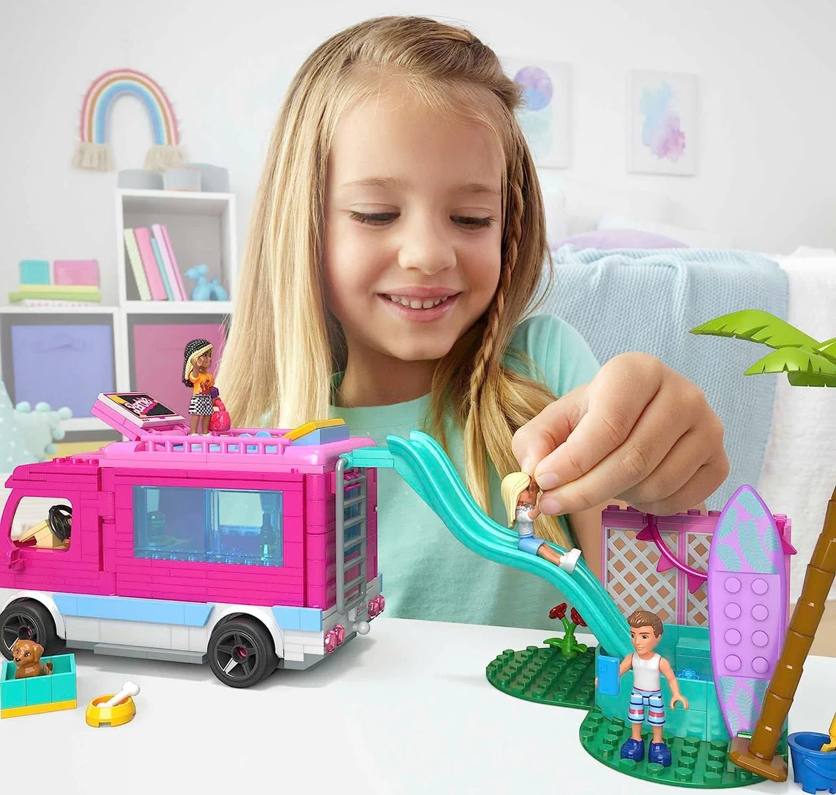 Barbie MEGA Car Building Toys Playset, Dream Camper Adventure With 580  Pieces, 4 Micro-Dolls and Accessories, Pink, For Kids Age 6+ Years