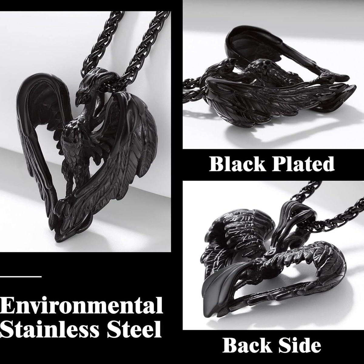 Stainless Steel Black Phoenix Pendant Necklace for Men Women