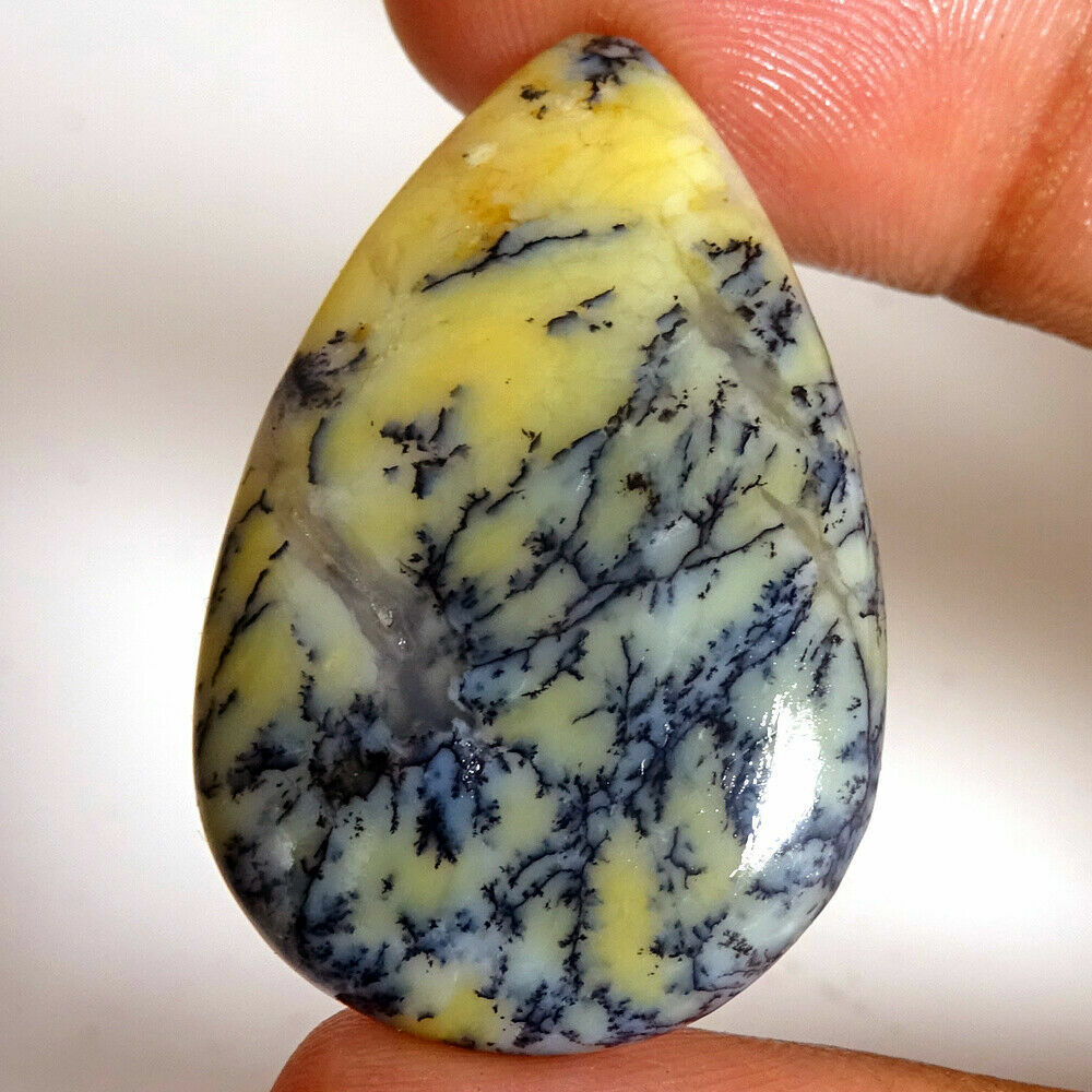 Opale dendritique jaune rare d'Australie 29,89Cts, taille poire cabochon qualité joaillerie