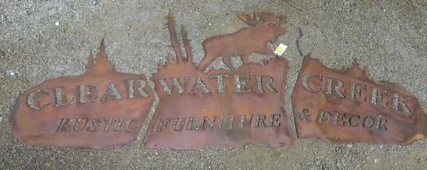 CLEARWATER CREEK  9' long, 3 piece cabin/moose/forest custom metal sign.