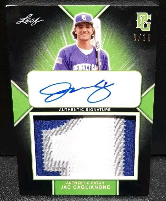 3/16 Leaf 2020 Perfect Game Jac Caglianone 3 Color Auto Patch Card