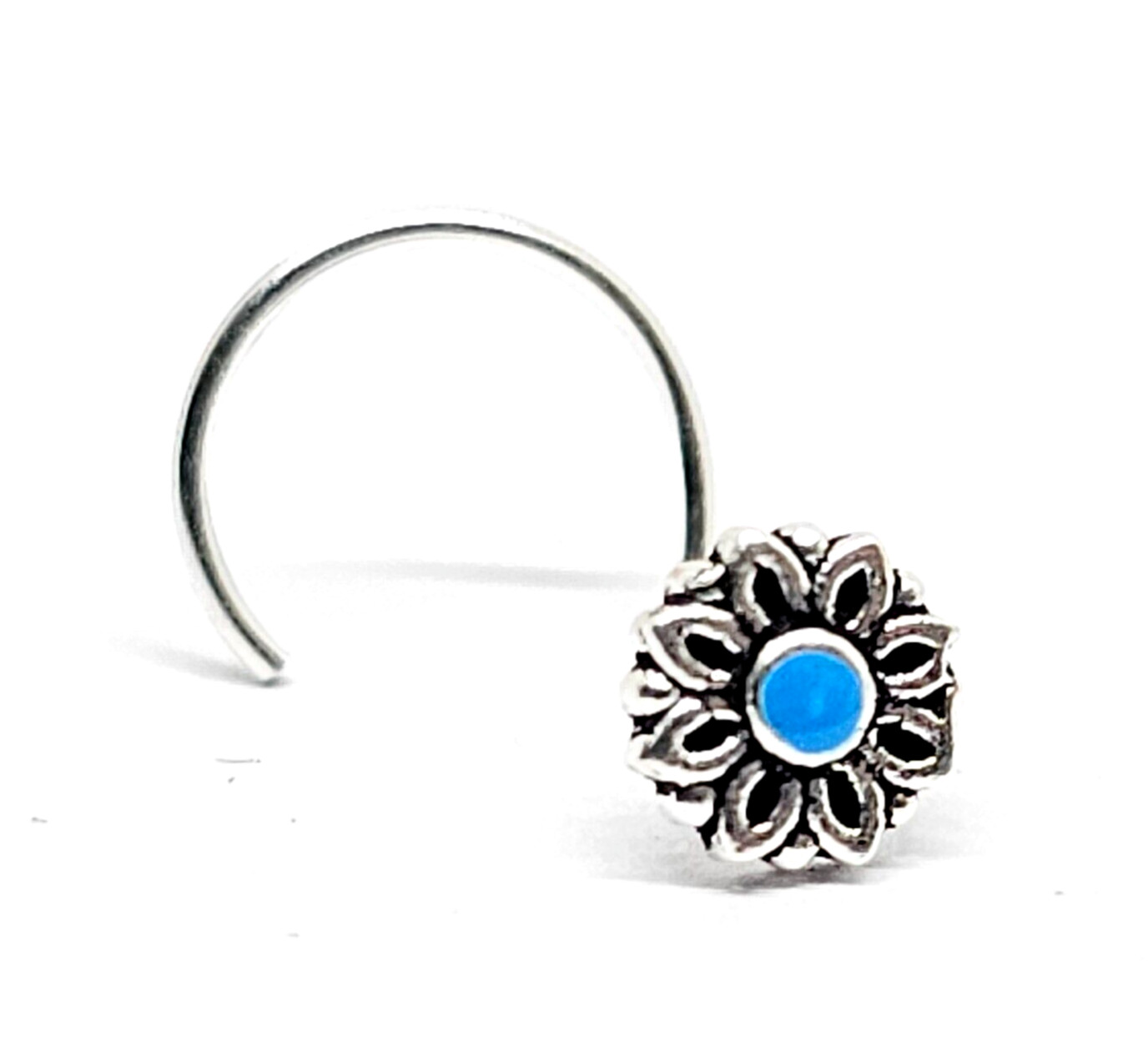 Flower Nose Stud Blue Enamel Daisy 22g (0.6mm) 925 Silver Curl Stud Piercing