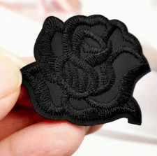 BLACK ROSE Flower  - 1  1/2" Embroidered Iron-On Patch