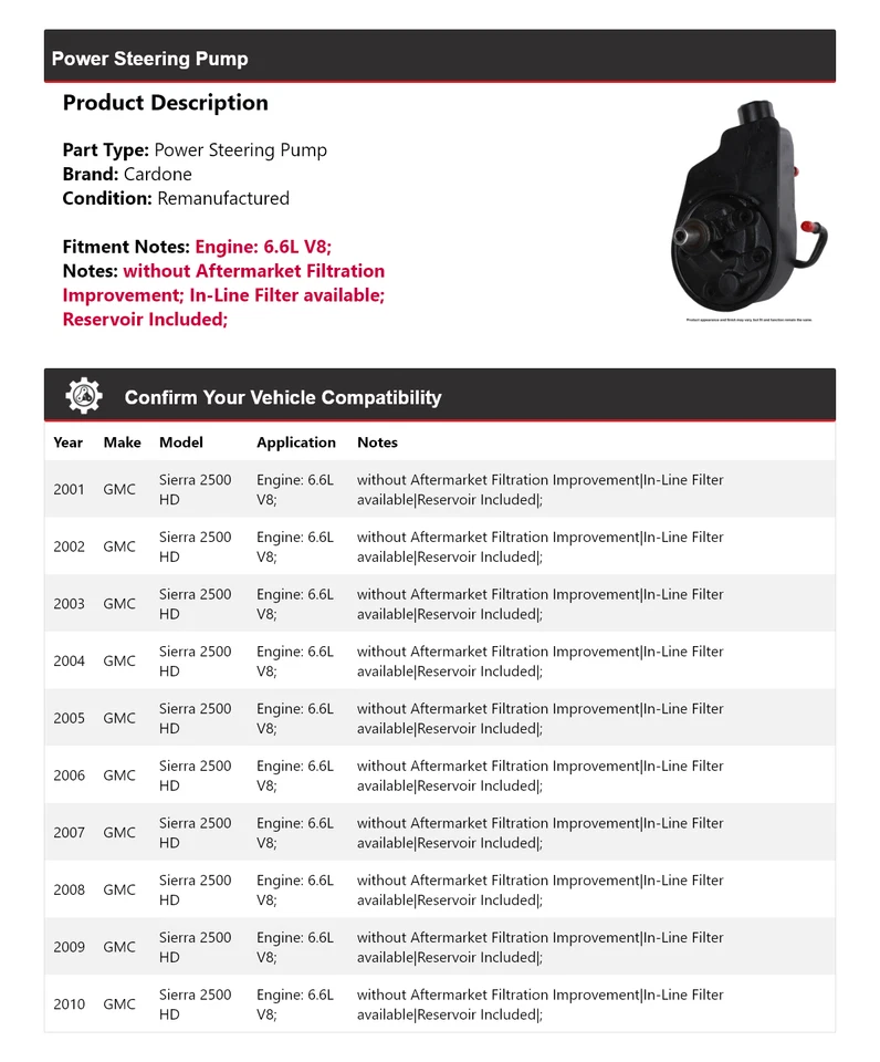 Насос гидроусилителя руля Cardone 2002 2003 для 2001-2010 GMC Sierra 2500 HD 6,6 л V8 - Изображение 2 из 4