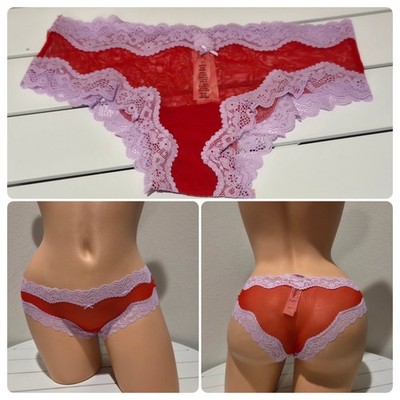 Victorias Secret Tease Cheekini Panty Lace Shiny Mesh Semi Sheer 4/XS Red 