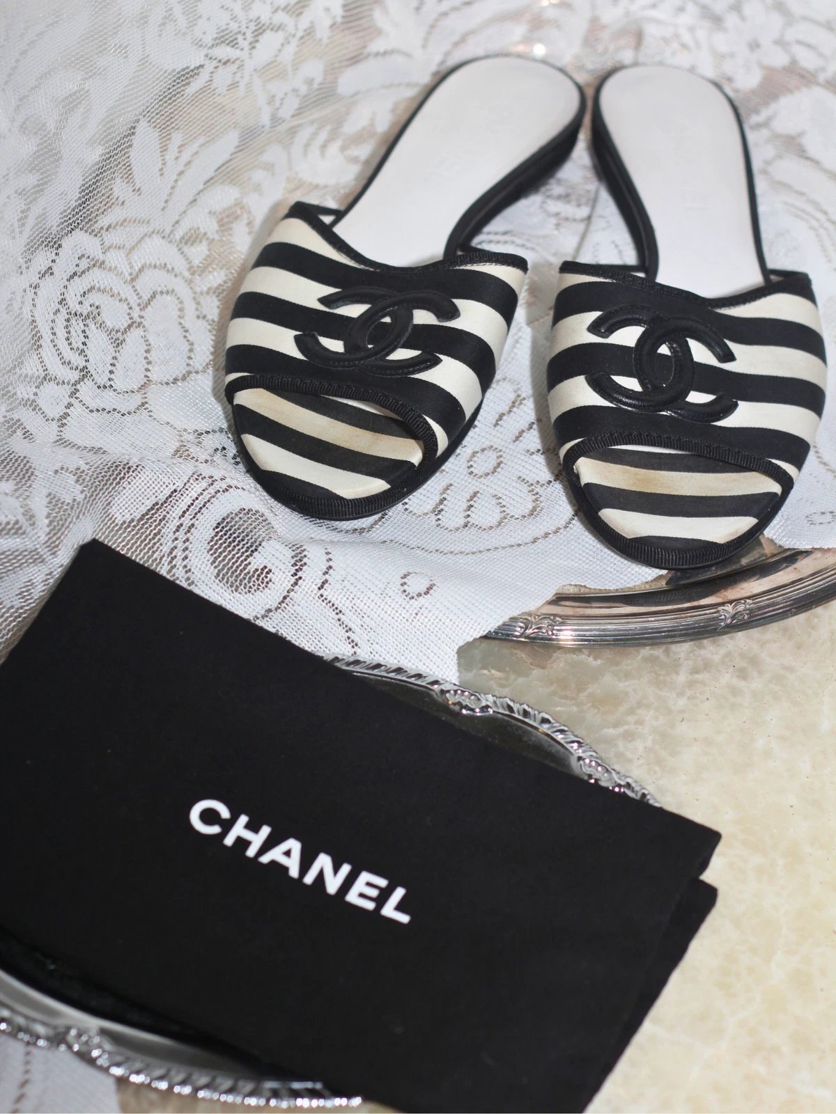 Chanel Cruise Collection Striped Slide Sandals Size 37.5 Pre-Owned