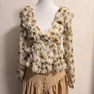 Francesca's Bella Sunflower Flutter Sleeve Bow Back Babydoll Blouse Small Boho