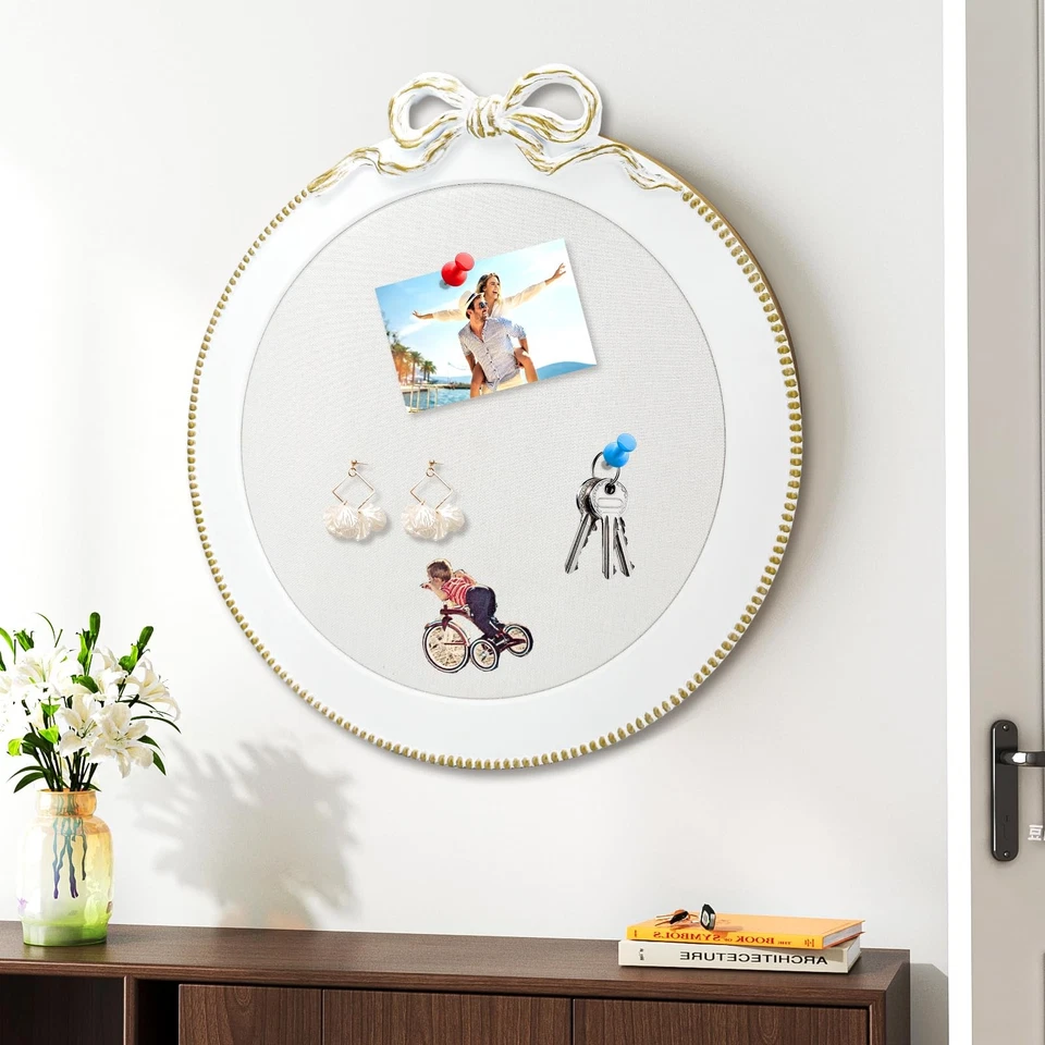 25×23 Inch Round Linen Bulletin Board with Bowknot Decorative Farmhouse Cork ... - Image 3 of 4