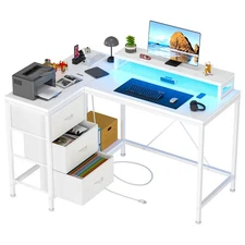 L-Shaped Gaming Desk Corner Table Computer Desk with LED Light & Power Outlets