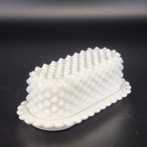 Fenton Hobnail Butter Dish Milk Glass Covered Serving Set Scalloped Edge Vintage