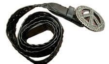 Y2K Black Braided Belt Rhinestone Peace Sign Buckle Womens Size M Festival Goth