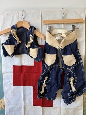 Vintage 40s 50s Denim Western Chaps Vest Set Concho Stud Cowboy Toddler Fringe