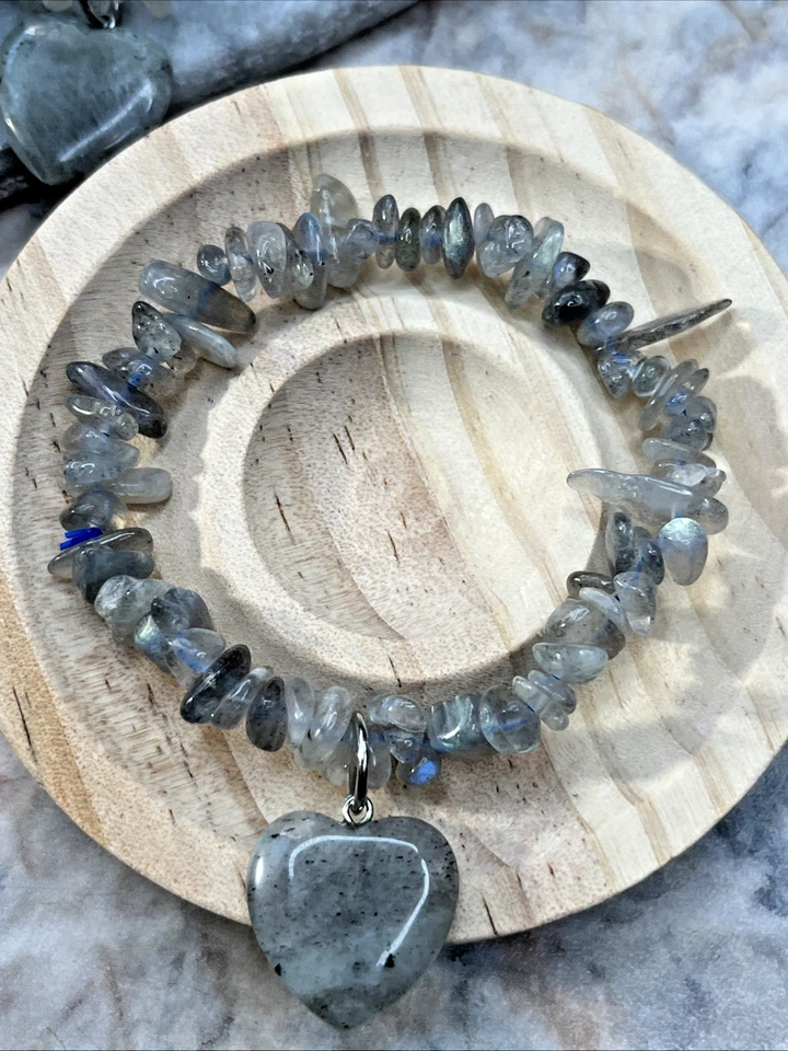 Labradorit mit Herz Stretcharmband Splitterarmband Edelstein Kristall Heilstein - Bild 3 von 4