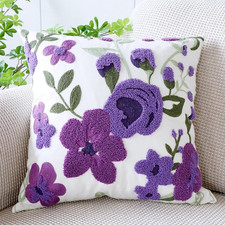 Spring Purple Floral Pillow Covers 18X18 Inch Cotton Embroidery Farmhouse Throw