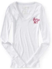 Aeropostale Women's Aero NYC Ribbed Long Sleeve V-Neck Top White Pink Teal M L