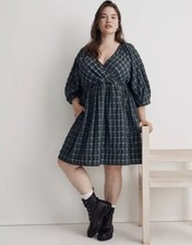 Madewell Marianna 3/4 Puff Sleeve Mini A Line Dress V Neck Green Plaid Plus 1X