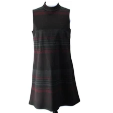 AB Studio Mock Turtleneck Dress Womens M Black Red Gray Stripe Sleeveless A-line