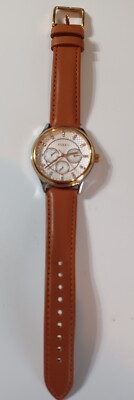 Fossil Ladies BQ3045 Crystal Pattern Rose Gold Multi Function Leather Watch EUC