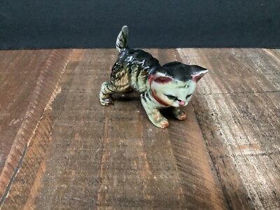 Vintage small Tiger Tabby Cat With Red Bow Collar Figurine Japan