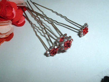 4 Red Rose and Rhinestone Silver Hair Pins NWT