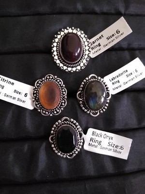4 LARGE GERMAN SILVER RINGS BIG STONE SZ 6 Labradorite CITRINE ONYX GARNET (L314