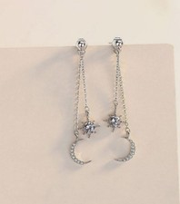 Elegant CZ Star  Moon Double Chain Tassel Hanging Silver Plated Dangle Earrings