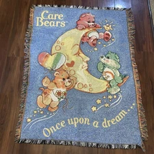 Vintage Care Bears Tapestry Fringe Lap Blanket Throw Once Upon a Dream 54” x 40”