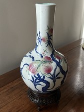 Chinese Antique Underglaze Blue & Famille Rose Nine Peach Tianqiuping Vase