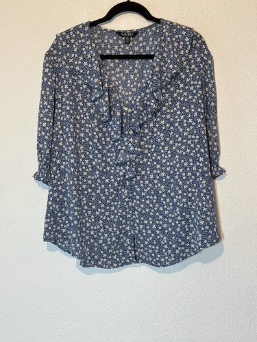 Lauren Ralph Lauren Bluse Damen 2X Blau Blumen Rüschenkragen Knopf Karriere
