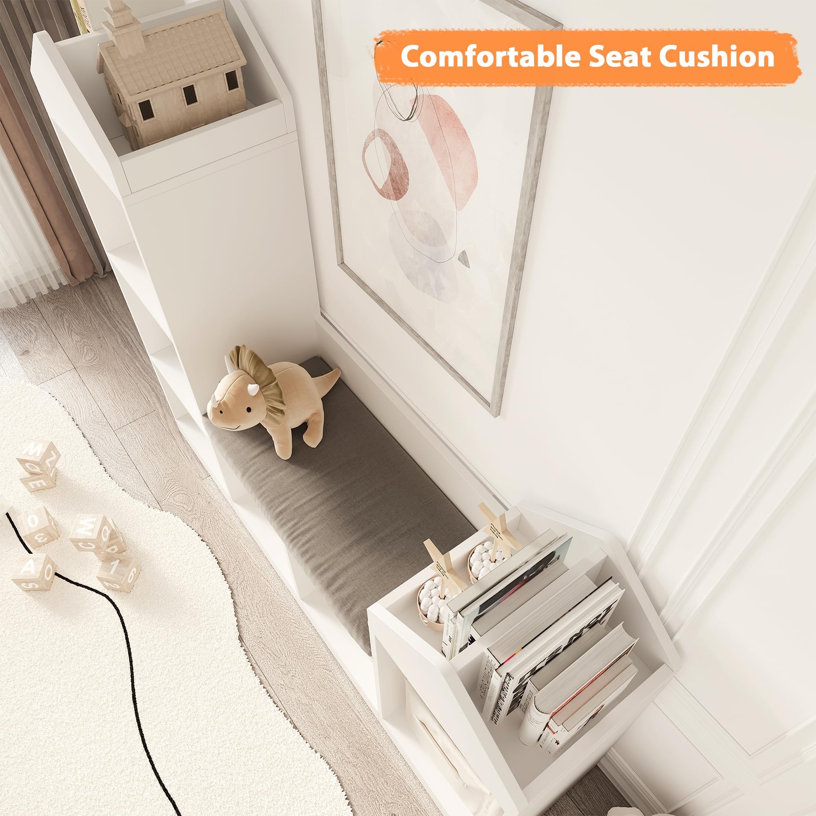 Libreria per Bambini Con Cuscino Seduta E 6 Scomparti Scaffale Giocattolo Multifunzione foto 5