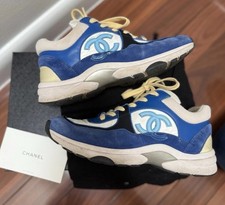 Chanel Tri-Color CC Sneakers Blue Yellow white 37.5 Leather Suede Nylon Terry