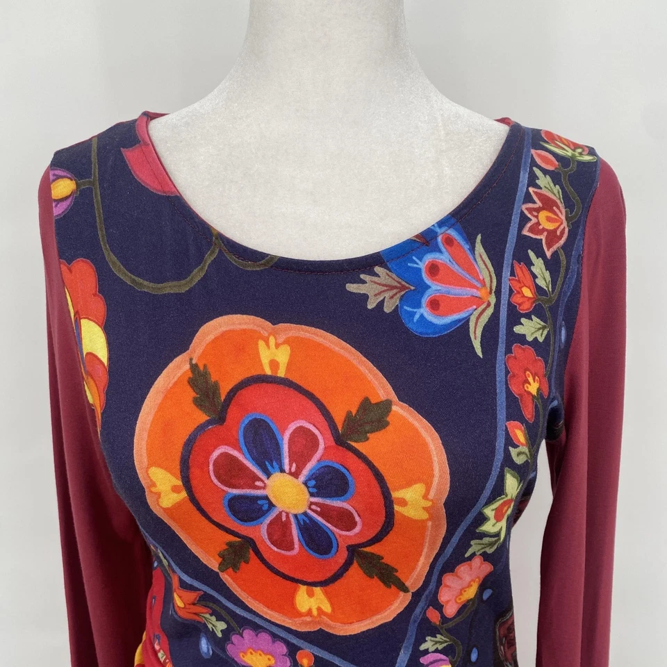 Desigual Dress Womens Small Red Multicolor Floral Ruched Stretch Mod Boho Spain - Image 2 of 4