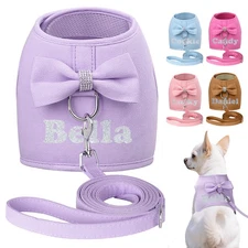 Custom Dog Harness w/Bling Name Print Soft Mesh Padded Pet Puppy Cat Vest &Leash