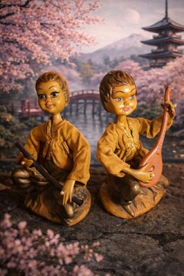 Vintage Tilso Pixie Elf 1960's Figures Hong Kong Set Of 2 Estate Resin Musicians