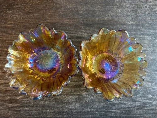 VTG Set of 2 Marigold Carnival Glass Ruffled Sunflower Bowls Iridescent Amber