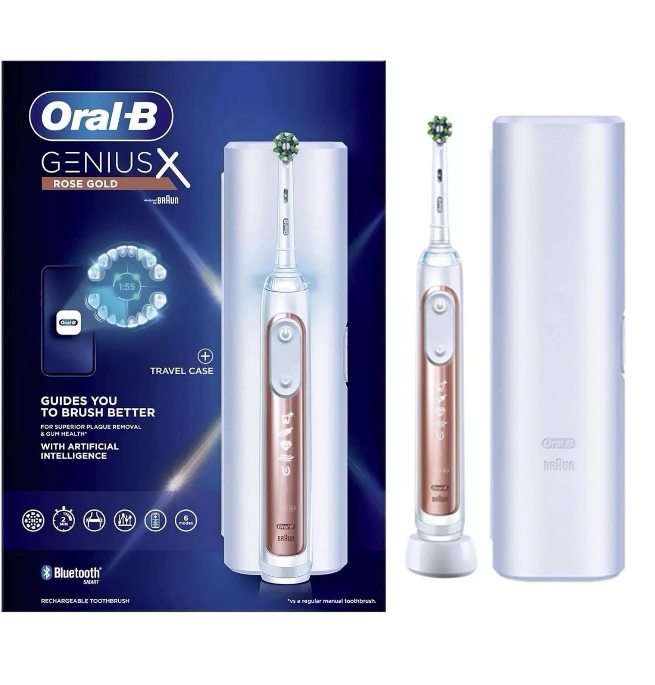 Oral-B Genius X Electric Toothbrush, 6 Modes & Travel Case - Rose Gold